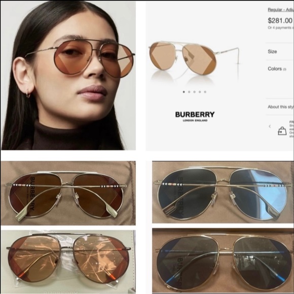 BURBERRY PILOT GOLD- TONE METAL AVIATORS WITH 2 TONE DESIGN DETAILING ON LENSES - Picture 11 of 16